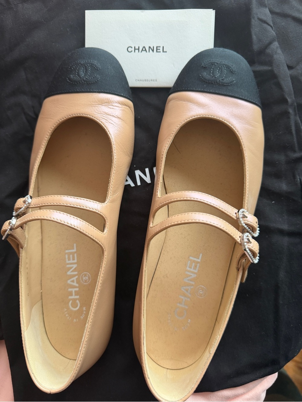 CHANEL Beige Leather Mary Jane Flats with Black Cap Toes